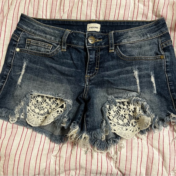Sneak Peek Pants - Denim Distressed Shorts with Lace Accents